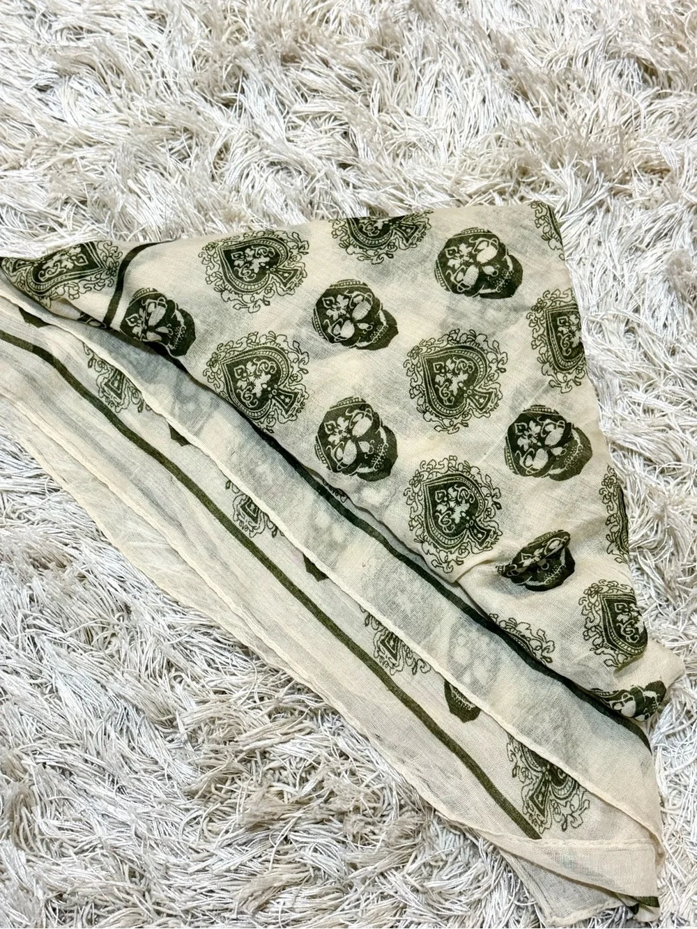 Paisley & Skull Print Lightweight Scarf | Cream & Olive Green | Boho Wrap - Picture 6 of 8